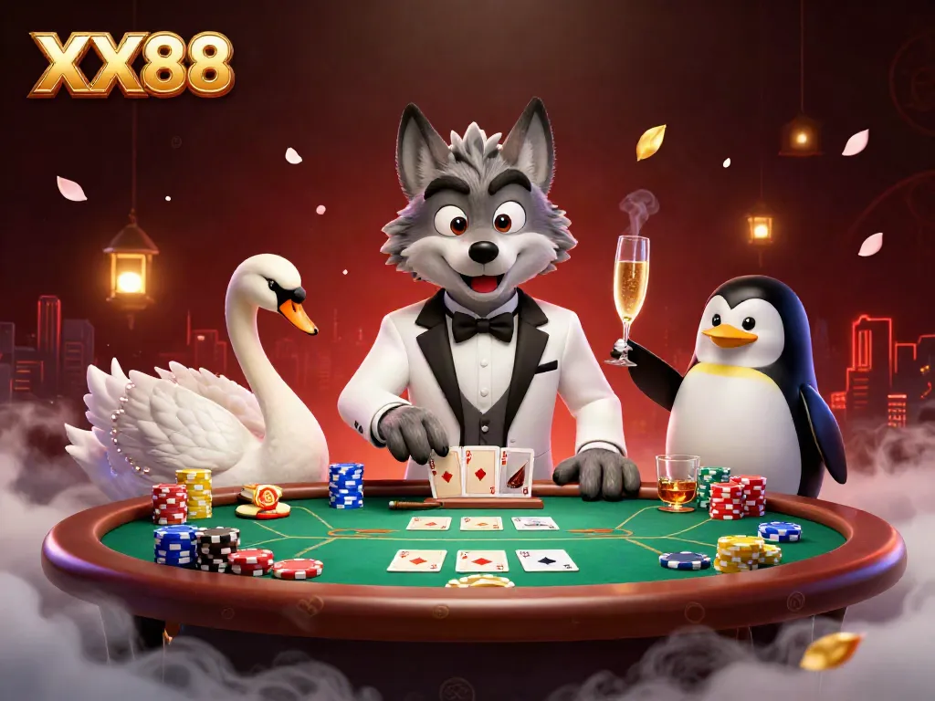 Engaging gameplay at XX88 with a sophisticated wolf, swan, and penguin in a lively casino scene.
