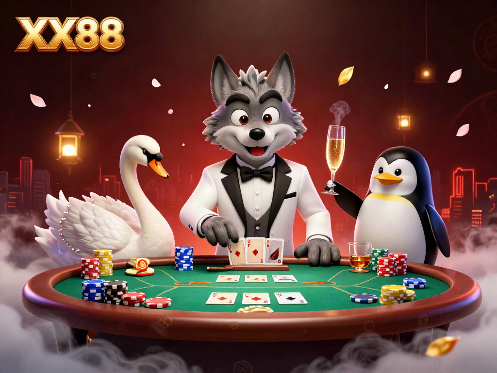 Engaging gameplay at XX88 with a sophisticated wolf, swan, and penguin in a lively casino scene.