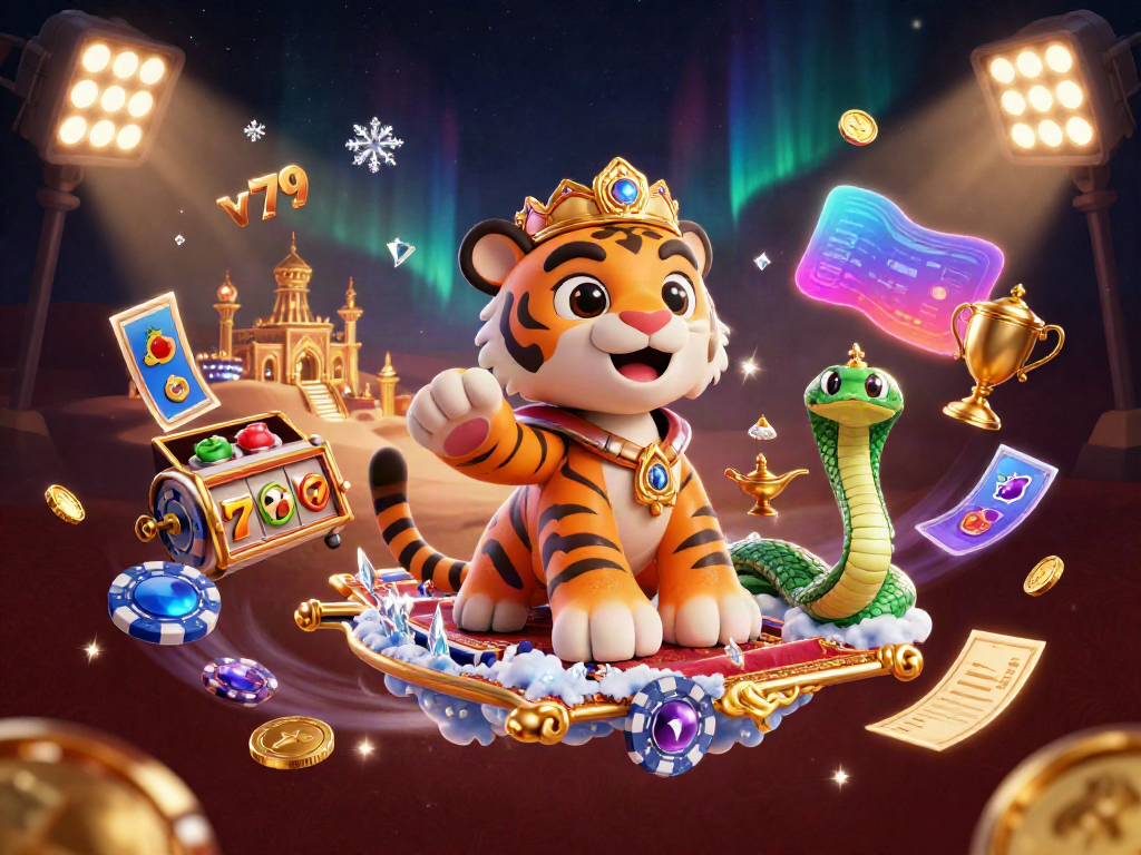 Experience the excitement of online gaming with v79, featuring a vibrant Arabian-themed illustration with slots and golden treasures.