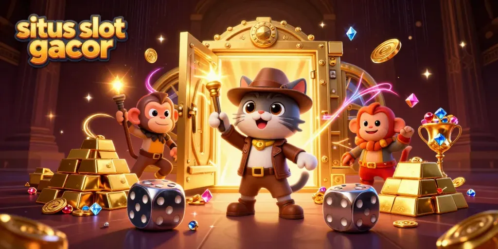 Experience the thrill of situs slot gacor with a creative 3D cat explorer in a vibrant treasure scene.