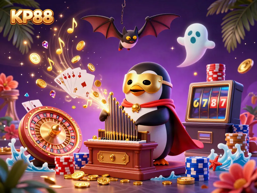 Experience KP88's vibrant gambling scene with golden coins and dynamic casino elements.