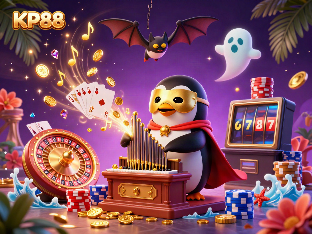Experience KP88's vibrant gambling scene with golden coins and dynamic casino elements.