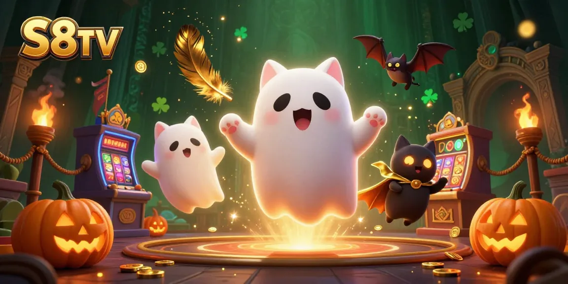 S8TV elevates the gaming experience with a ghost cat and bat in a vibrant haunted casino scene.