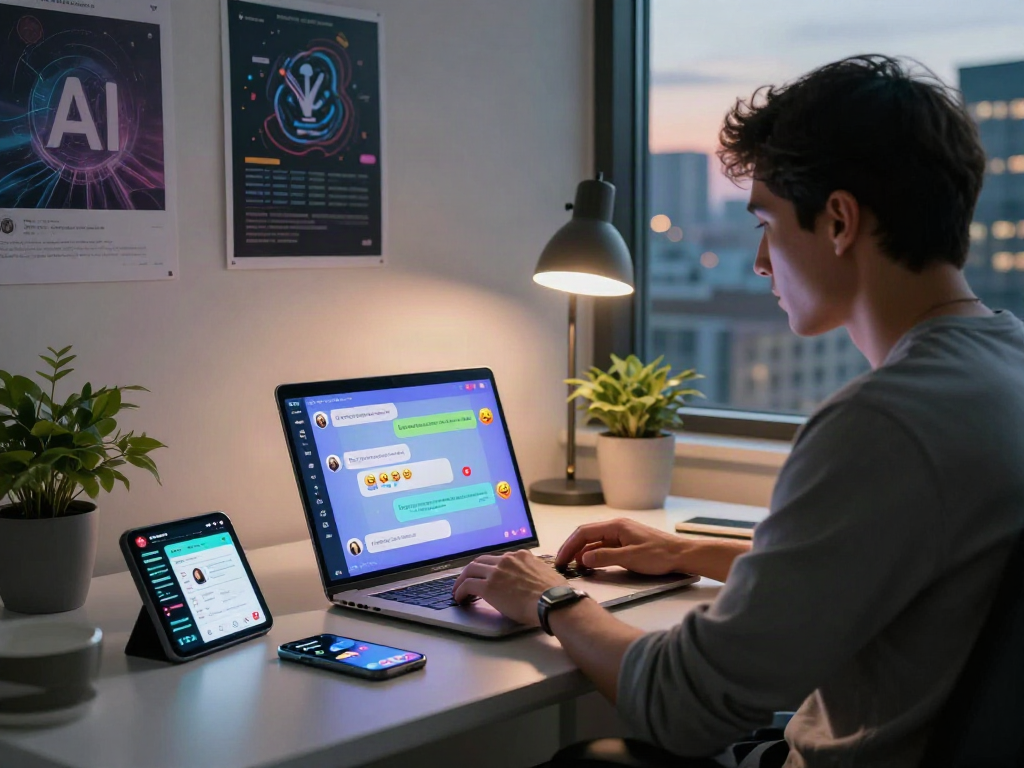 Engaging in nsfw AI chat in a modern workspace with vibrant chat interface and analytics displayed.