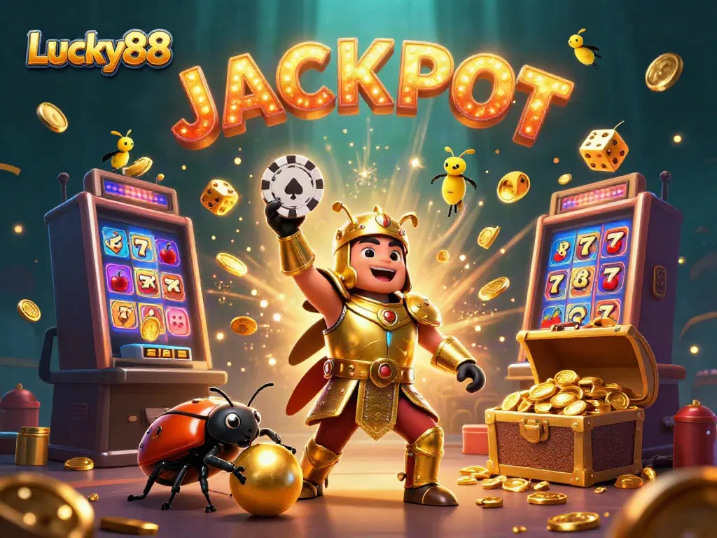 Lucky88's herculean beetle celebrates a jackpot in a vibrant 3D casino scene.