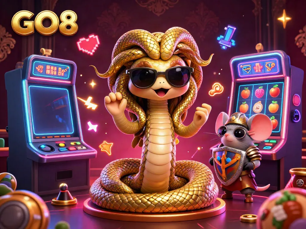 Experience the vibrant world of GO8 gaming featuring a cute Medusa and warrior mouse in a dynamic casino scene.