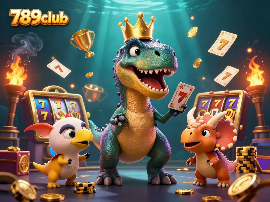 Engaging scene of a friendly T-Rex at 789club shuffling cards with a pterodactyl while a triceratops stacks chips.