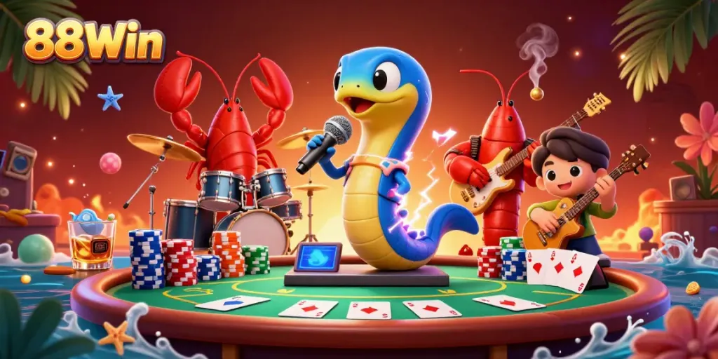 88Win's vibrant underwater casino scene featuring electric eel DJ surrounded by poker elements.