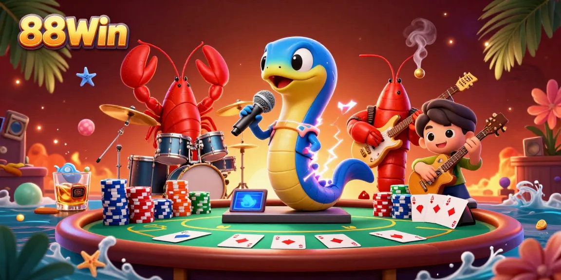 88Win's vibrant underwater casino scene featuring electric eel DJ surrounded by poker elements.