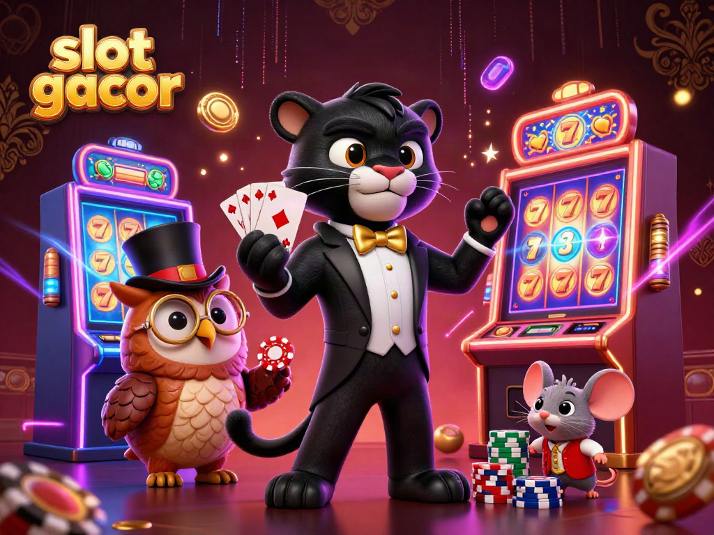 Play exciting slot gacor games with dynamic characters and vibrant casino elements in a dazzling 3D scene.