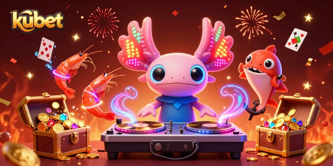 Enhance your kubet experience with a vibrant underwater casino scene featuring a DJ axolotl.