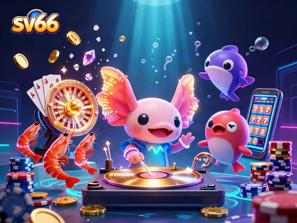Spin to win at sv66 with an axolotl DJ and colorful gambling elements in a vibrant underwater scene.