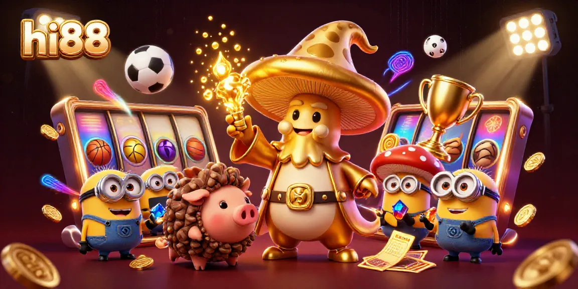 Experience the magic of hi88 with extravagant 3D characters and dynamic gaming elements in this engaging casino illustration.