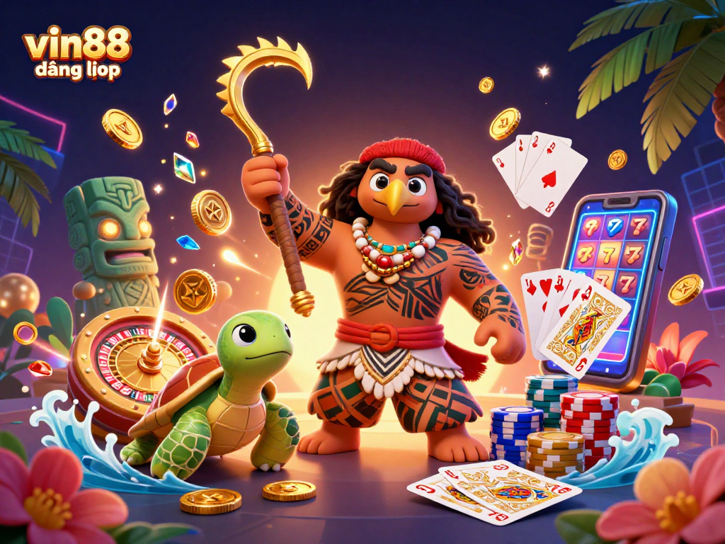 Spin to win with vin88 đăng nhập as the demigod and turtle celebrate in a vibrant casino scene.