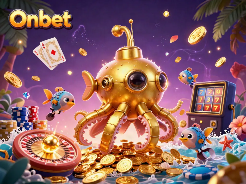 Engage with Onbet's vibrant casino scene featuring a golden kraken submarine amidst sparkling coins and dynamic roulette.