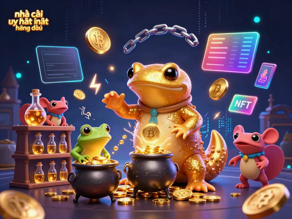 Engage with nhà cái uy tín nhất hàng đầu through a vibrant, cartoon-style casino illustration bursting with gold, crypto, and magic.