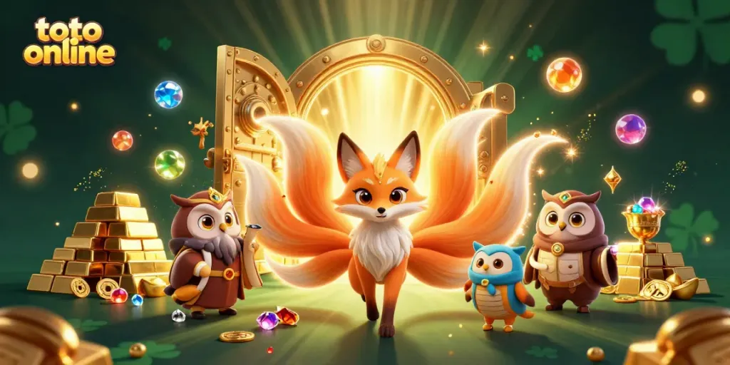 Engage in toto online gaming with our magical illustration featuring a nine-tailed fox and wise owl.