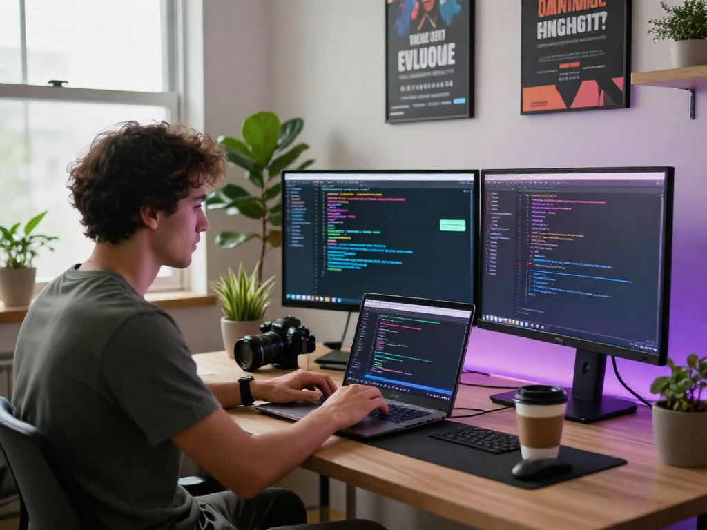 Developer focused on nsfw AI chat while coding in a modern workspace with colorful lighting.