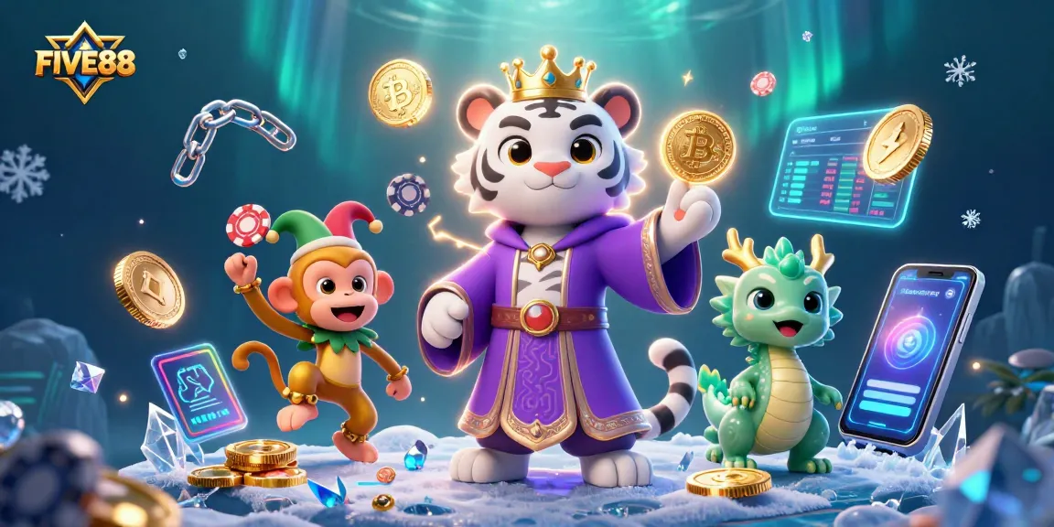 Experience the thrills of FIVE88 with a vibrant 3D casino scene featuring engaging characters and gaming elements.