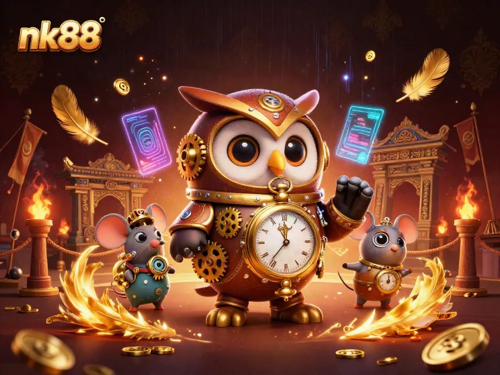 Experience thrilling gameplay at nk88 as a steampunk owl and mouse navigate a vibrant casino realm bursting with dynamic elements.