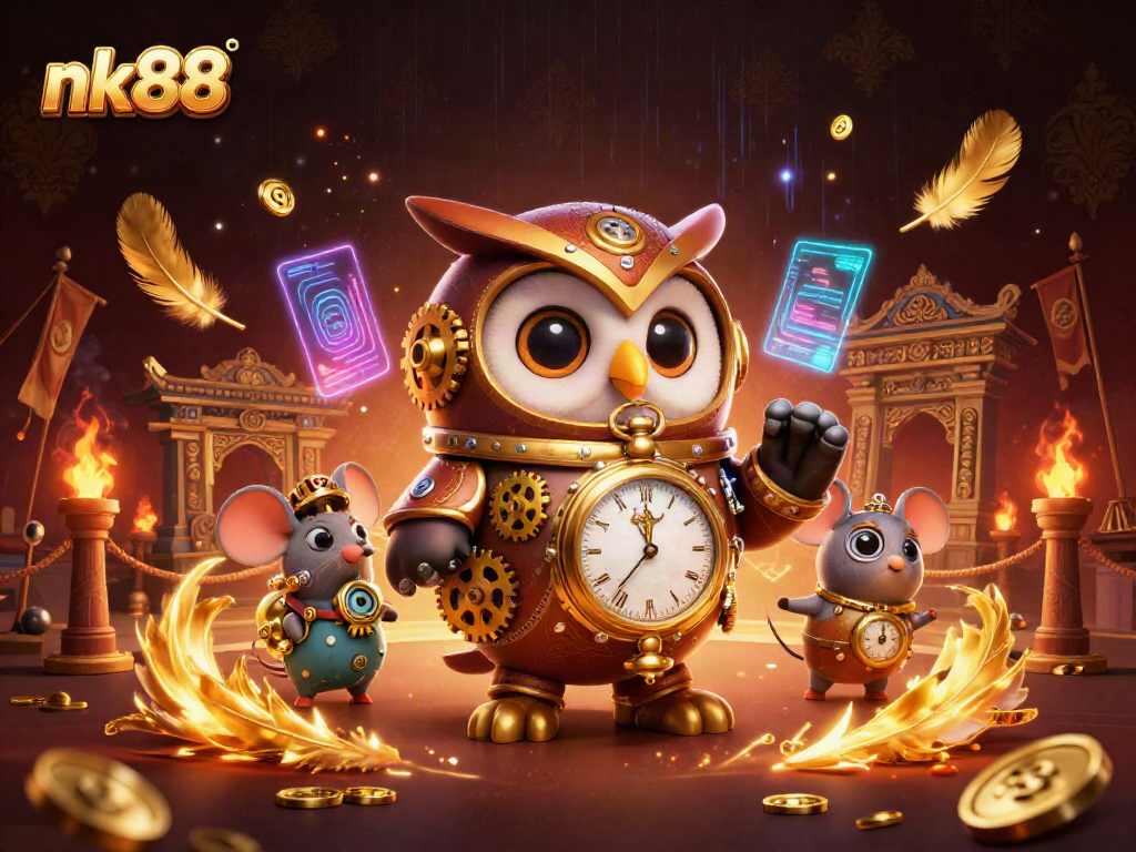 Experience thrilling gameplay at nk88 as a steampunk owl and mouse navigate a vibrant casino realm bursting with dynamic elements.