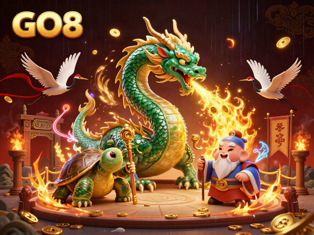 Experience the thrill of GO8 in an ultra-detailed 3D casino scene showcasing dynamic characters and rich game elements.