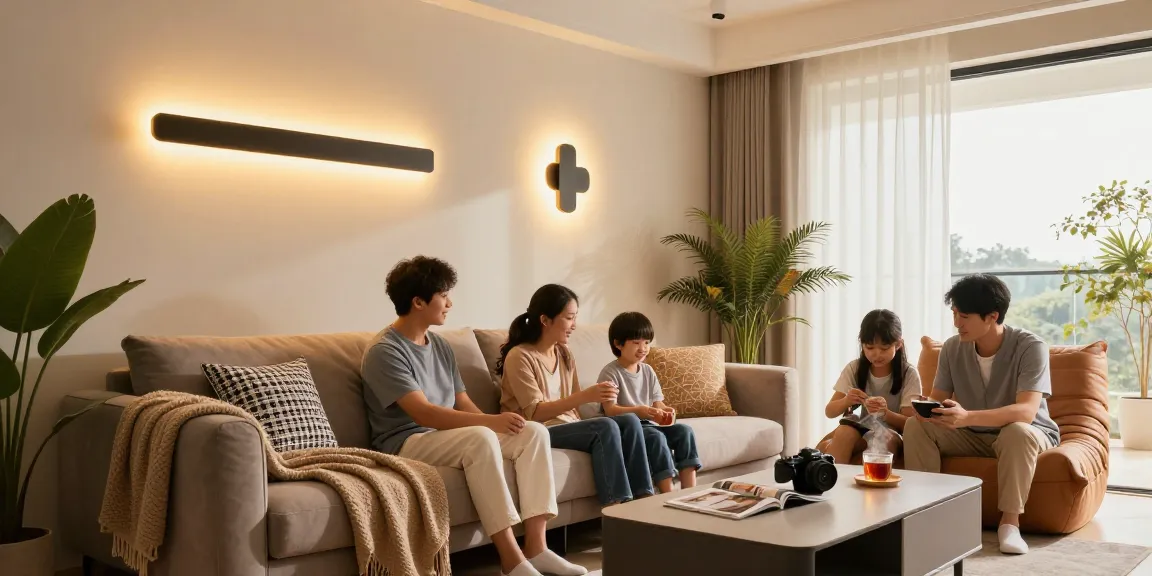 Aplice LED moderne într-un living elegant, iluminare ambientală caldă și familie fericită.
