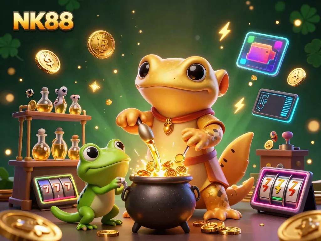 Experience winning excitement with NK88 as a giant alchemist transforms metals into gold amidst vibrant casino elements.
