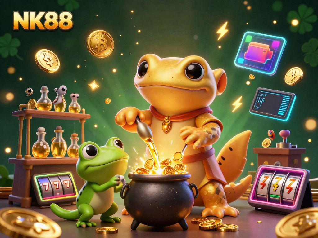 Experience winning excitement with NK88 as a giant alchemist transforms metals into gold amidst vibrant casino elements.