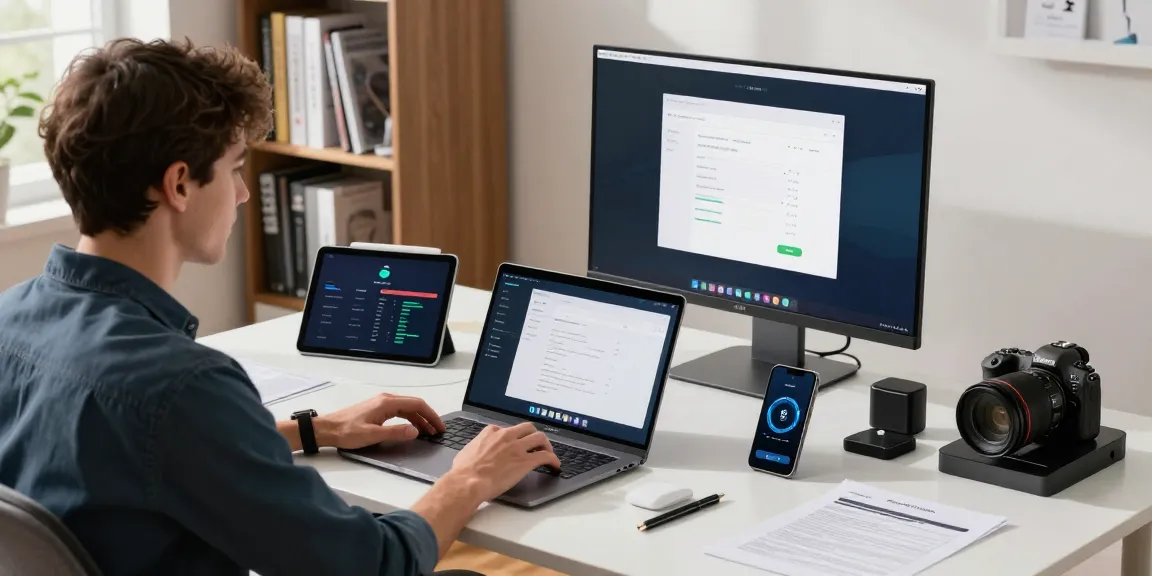 使用爱思助手软件的用户坐在现代化工作空间，展示高效的苹果设备管理流程。