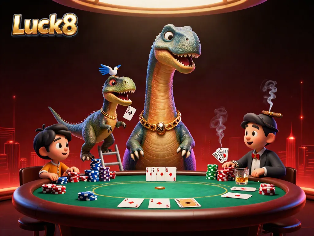 Luck8 features a colorful scene with a giant brontosaurus overseeing intense poker action.