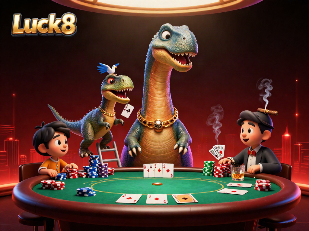 Luck8 features a colorful scene with a giant brontosaurus overseeing intense poker action.