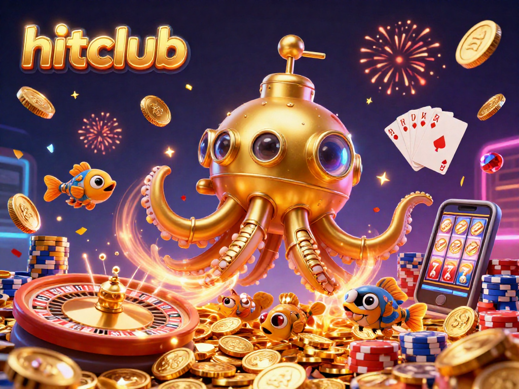Experience the excitement of hitclub with a golden kraken submarine amidst cascading coins and vibrant casino visuals.
