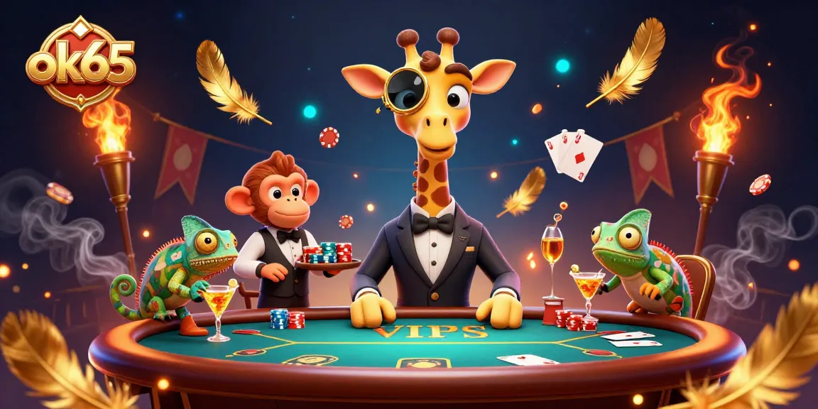 Engage in exciting poker gameplay with ok65 at a vibrant casino scene featuring lively characters.