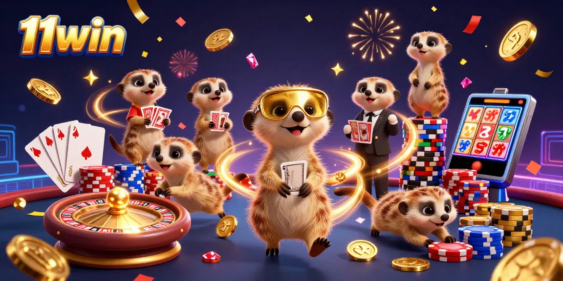 Experience excitement at 11win with meerkats running a vibrant casino filled with glittering gems and chips.