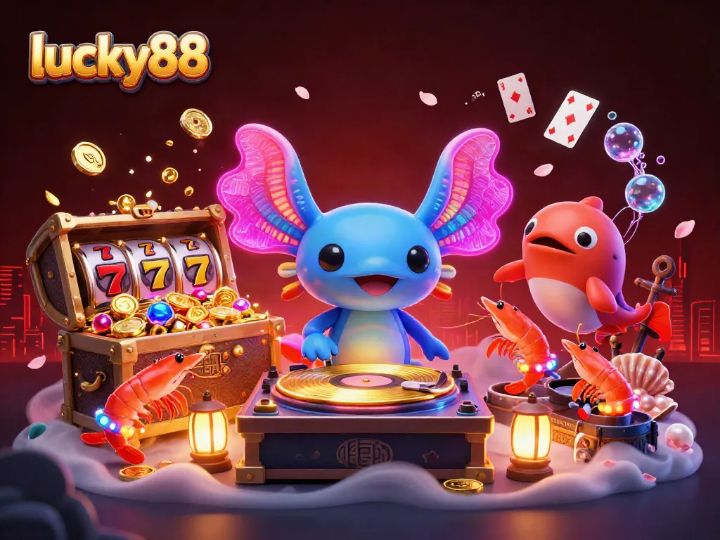 Experience the thrill of lucky88 gaming with an axolotl DJ and animated shrimp in a vibrant casino scene.