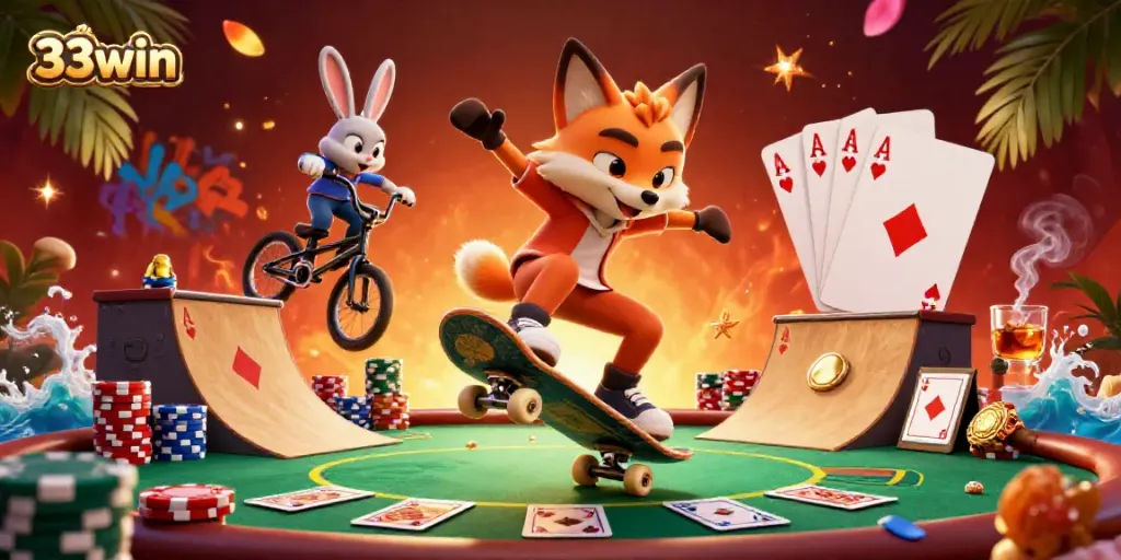 Experience the thrill of 33win with a vibrant 3D cartoon fox and rabbit amidst casino symbols and poker chips.