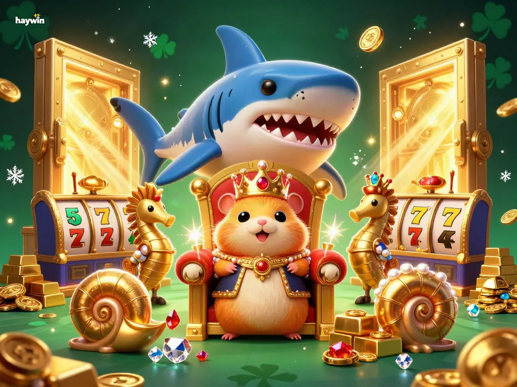 Engage in the vibrant haywin casino scene featuring a golden hamster king and treasures.