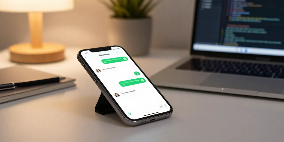 WhatsApp下載 interface displayed on a modern smartphone in a minimalistic workspace.