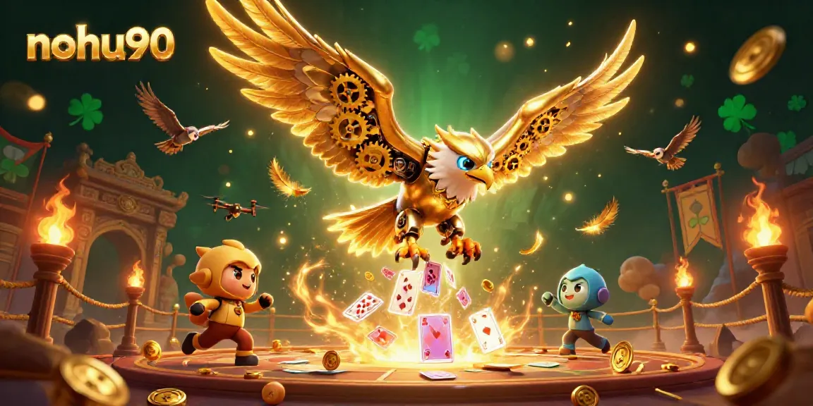 Engage with spectacular nohu90 gaming visuals highlighting an eagle soaring through vibrant casino elements.