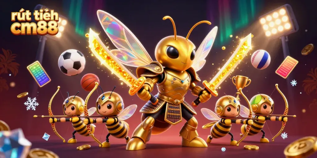 Engage in rút tiền cm88 with a vibrant casino scene featuring dynamic characters and sports elements.