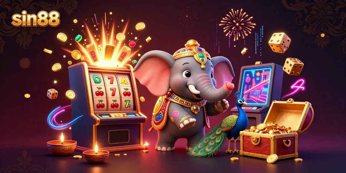 Experience thrilling gaming at sin88 with a vibrant scene of a Diwali-themed elephant and exciting casino elements.