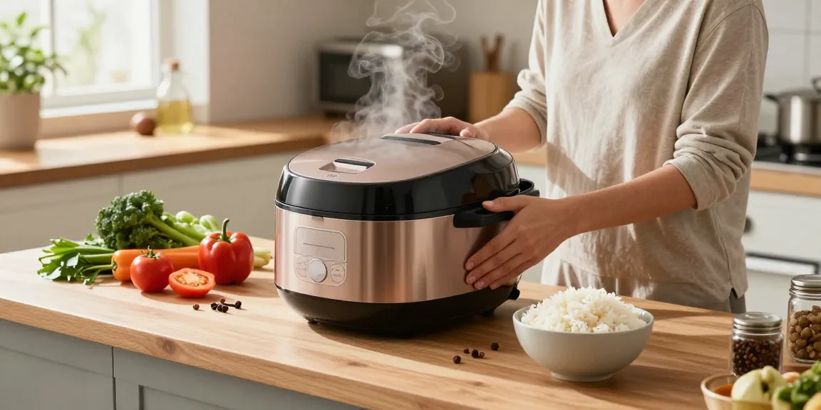 Cooking delicious rice with a modern rice cooker in a bright kitchen.