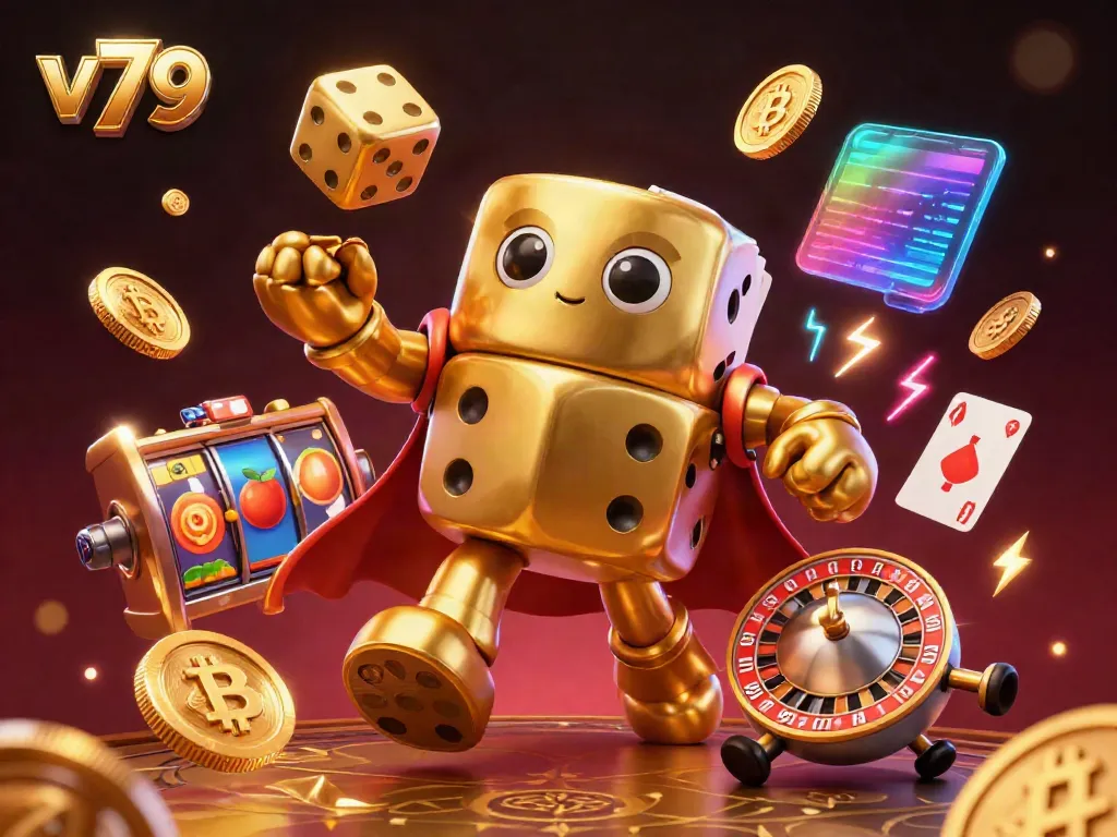 Experience the thrill of v79's online casino with a vibrant 3D illustration of a golden dice golem and crypto elements.