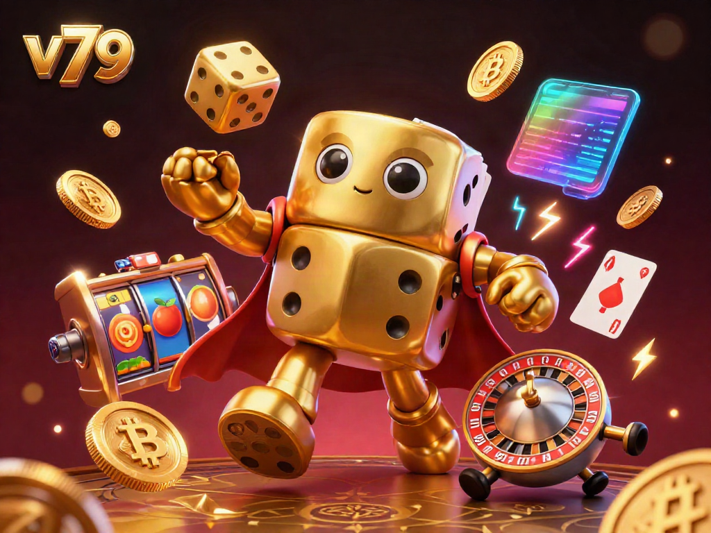 Experience the thrill of v79's online casino with a vibrant 3D illustration of a golden dice golem and crypto elements.