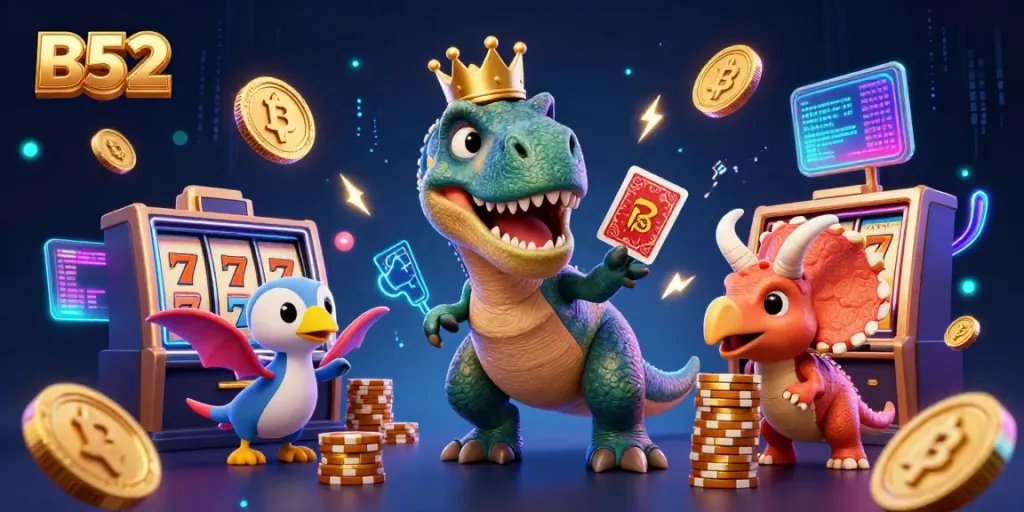 A friendly T-Rex shuffles cards in a casino scene while a baby triceratops stacks chips, highlighting B52.
