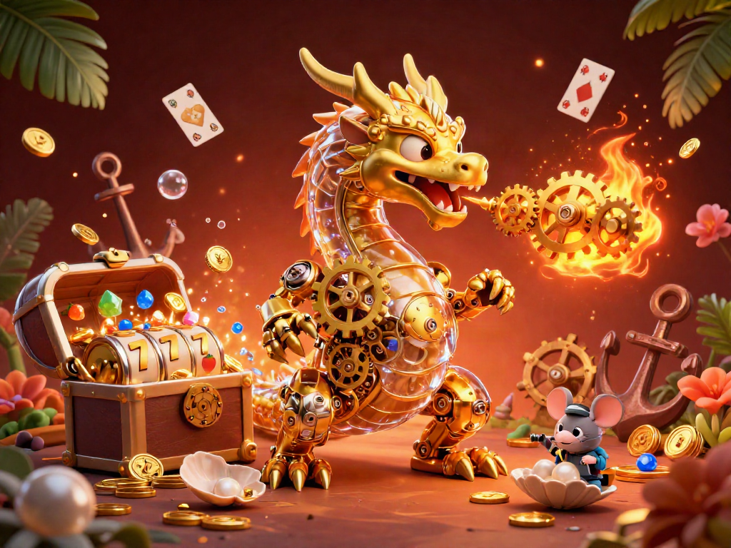 Experience the excitement of dabet gaming with a whimsical dragon, slot reels, and treasures galore!