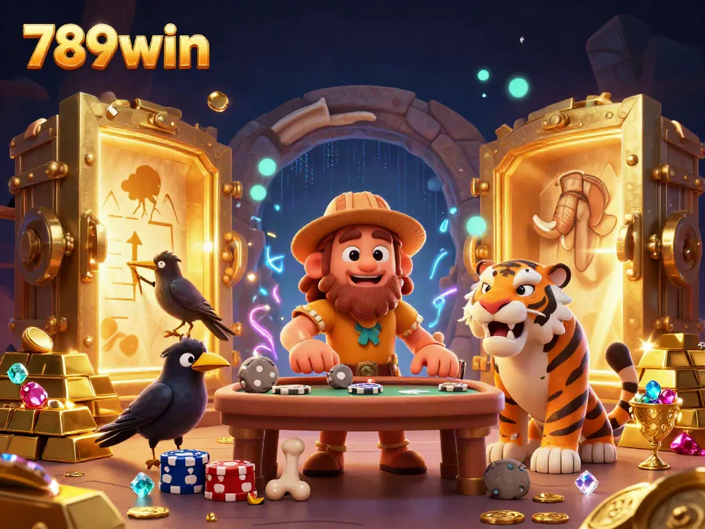 Engage with the vibrant 789win casino scene featuring animated characters and treasures.