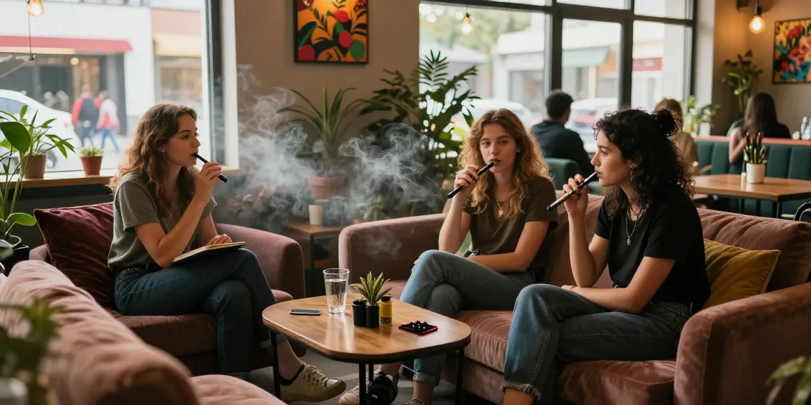Couple enjoying weed pens in a contemporary cannabis lounge, relaxed atmosphere