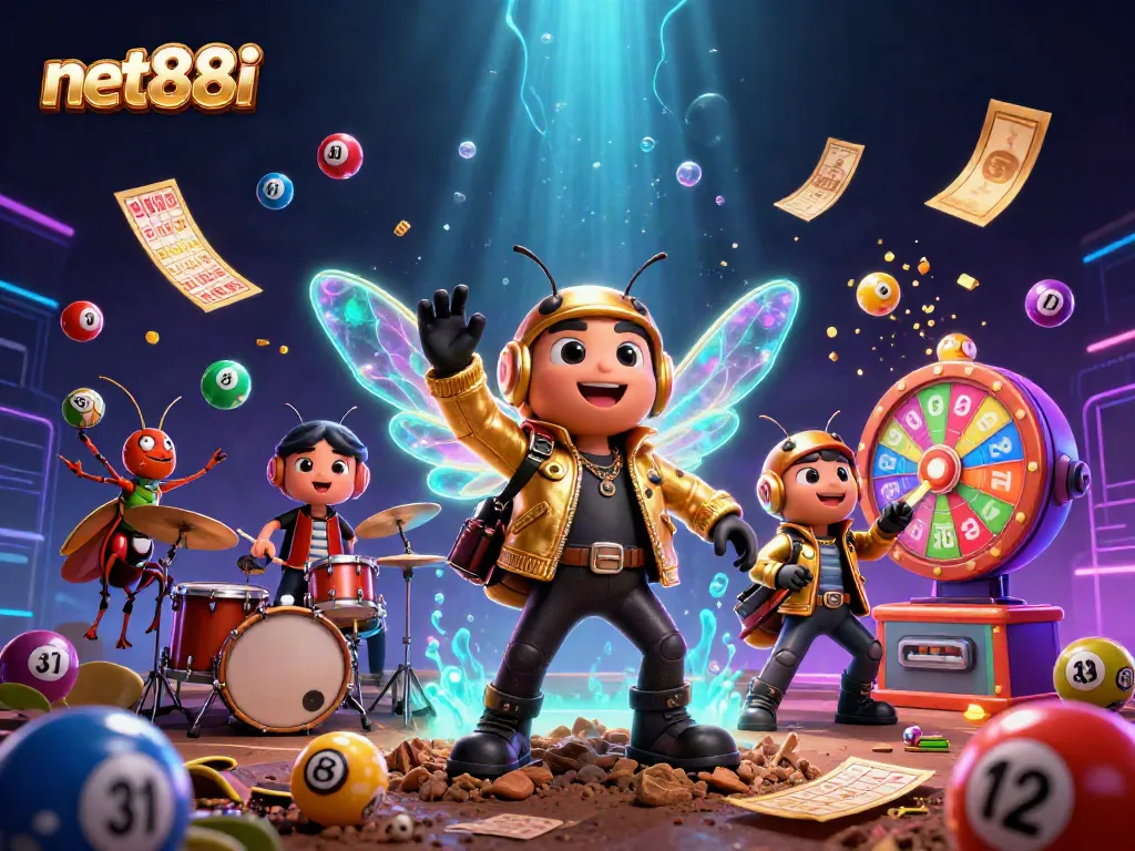 Join the excitement at net88i with this vibrant 3D lottery celebration, featuring a unique cicada rock star!